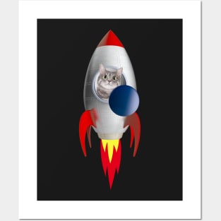 Funny Rocket Kitty (Grey Kitty) Posters and Art